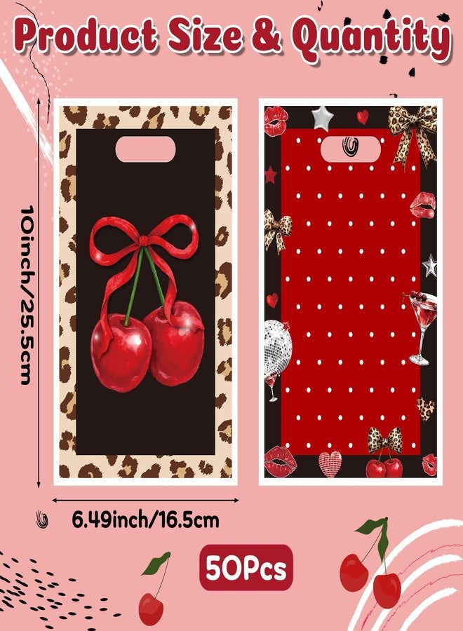 Haooryx Cheetah Cherry Party Favor Bags - 50Pcs Red Cherry Bow Leopard Print Plastic Goodie Candy Treat Bag with Handle Gift Wrap Decoration for Girls Birthday Baby Shower Wedding Party Favor Supplies - Image 2